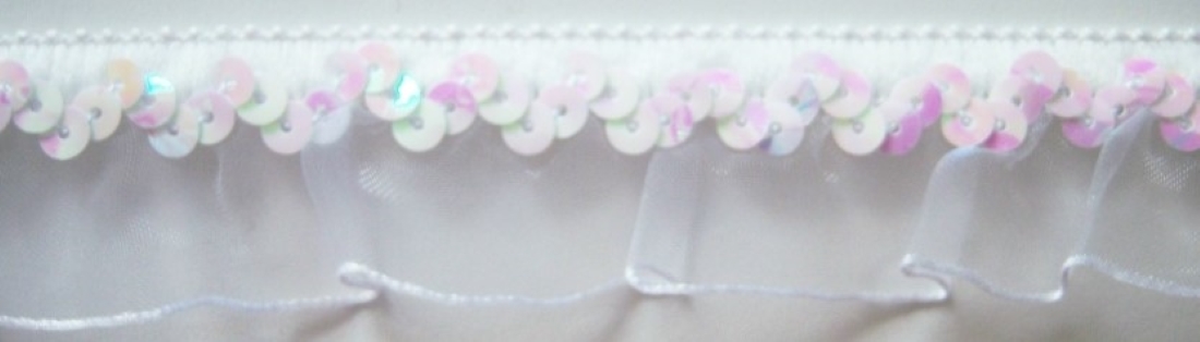 White Sequins/Ruffled Organza 1" Stretch