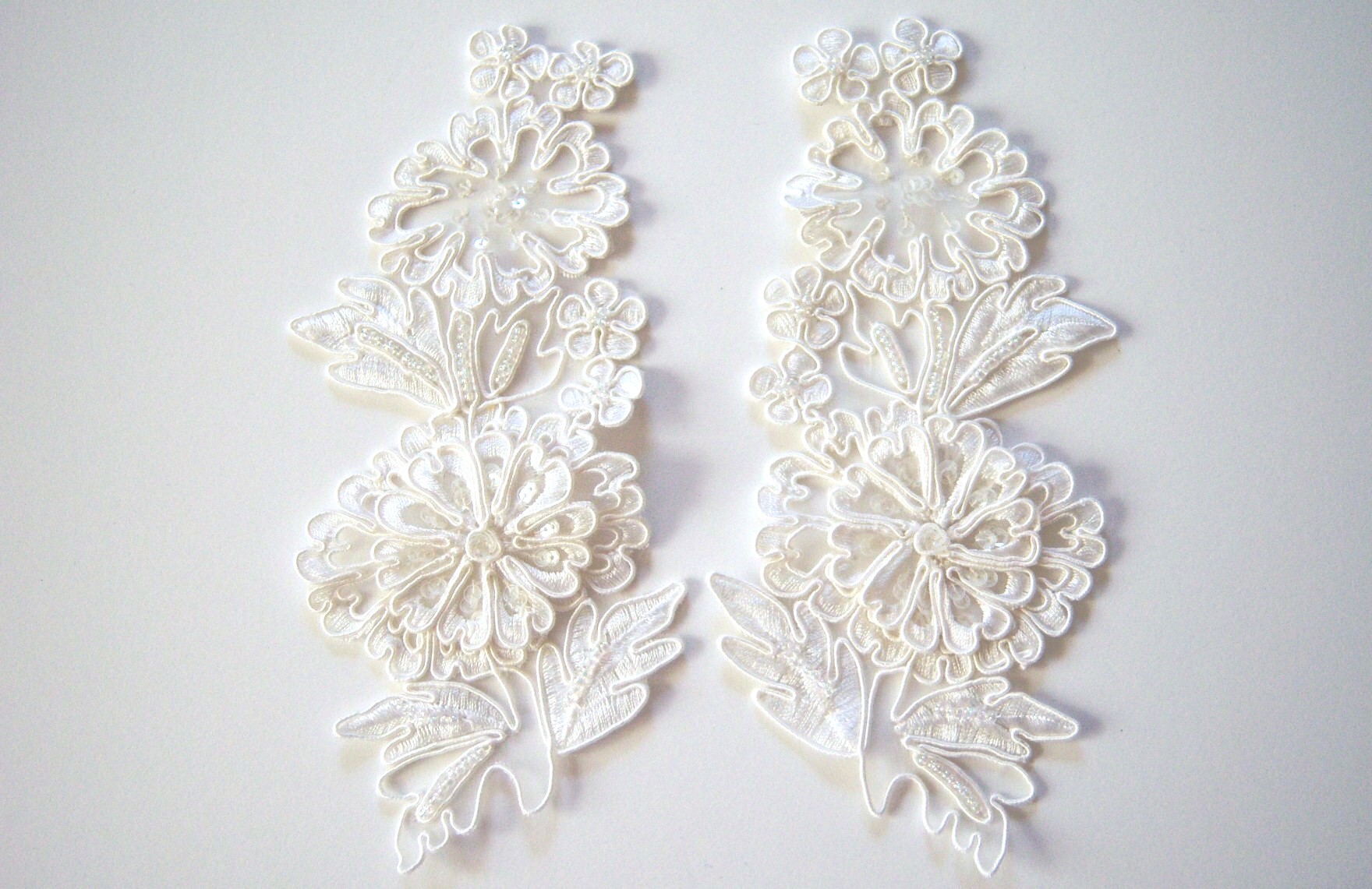 Off White Sequin Raised Flower Applique Pair