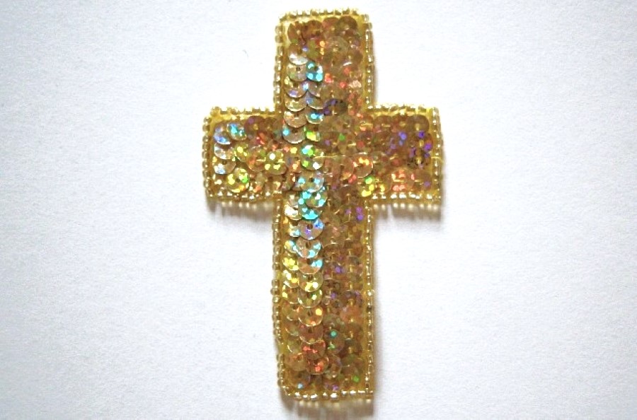 SGold Sequin/Bead 3 3/4" Cross Applique