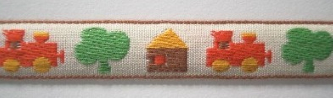 Brown/Orange Houses/Trains 3/4 Inch Jacquard