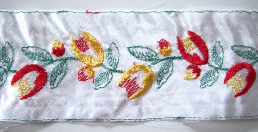 Red/Yellow Embroidered 3 1/4" White Satin