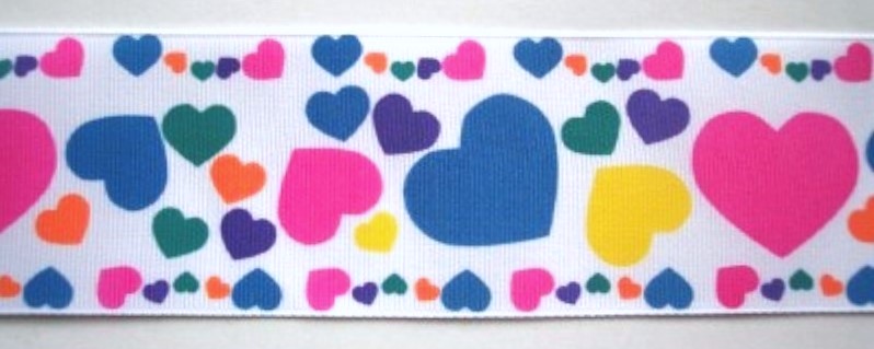 White/Multi Hearts 2 1/4" Grosgrain Ribbon