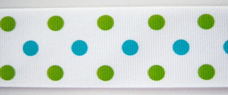 White/Apple/Miami Blue Dot 1 1/2" Grosgrain Ribbon