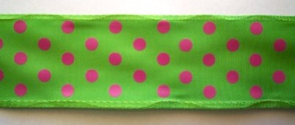 Apple/Hot Pink Dot 1 1/2" Wired Poly Ribbon