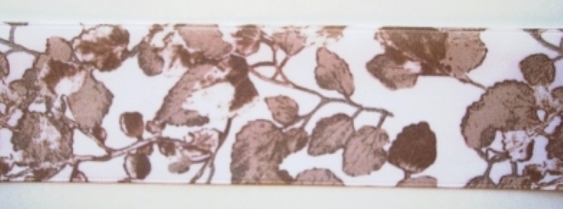 White/Taupe Foliage 1 1/2" Satin Ribbon